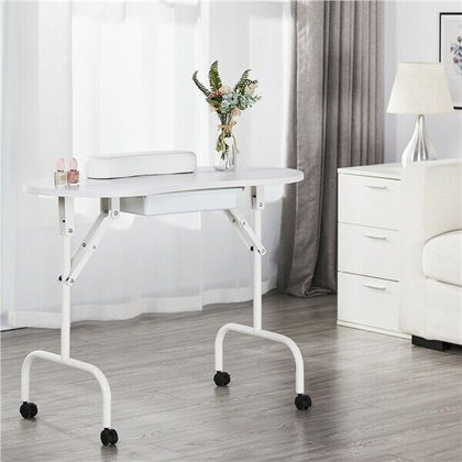 Foldable Nail Table Portable Manicure Desk Mobile Beauty Salon Workstation White