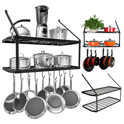 Kitchen Iron Shelf Utensil Hanging Pot Rack Saucepan Pan Organiser+10Hanger Hook