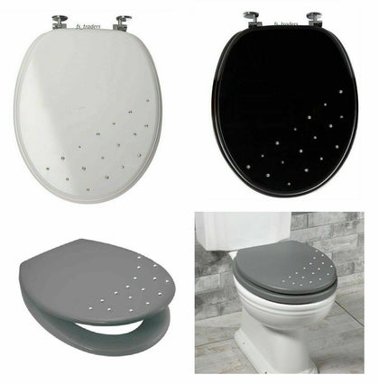 Premier Quality Diamante Toilet Seat Diamond Design Zinc Fittings Black White