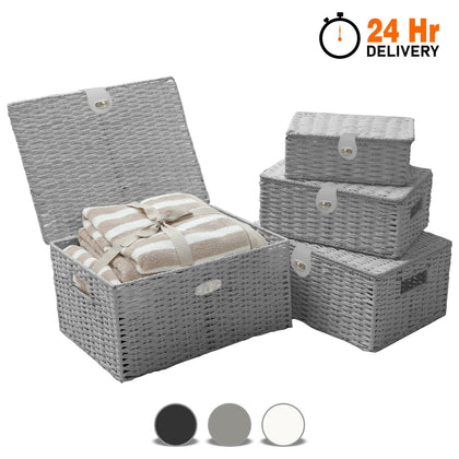 Set of 3 Storage Basket Resin Wicker Woven Hamper Box With Lid & Lock Stackable