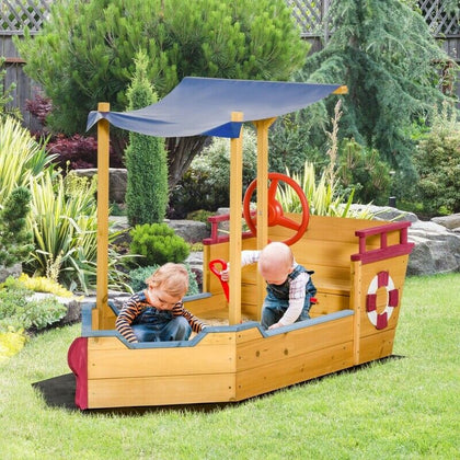 Kids Wooden Sandpit Box Pirate Ship Sand Pit Bench Outdoor Garden Children Play