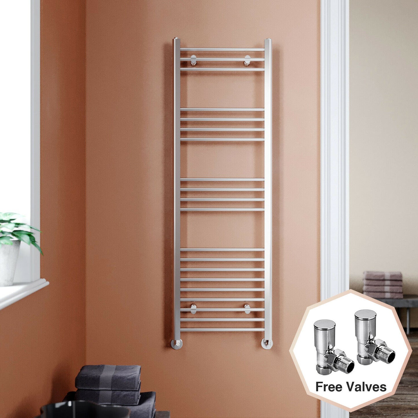 Chrome Towel Rail Radiator Rads Bathroom Heated Straight Ladder Warmer w/ Valves