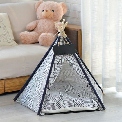 Grey Rhombus Folding Pet Teepee Durable Fold Dog Tent House Furniture Cats Bed S