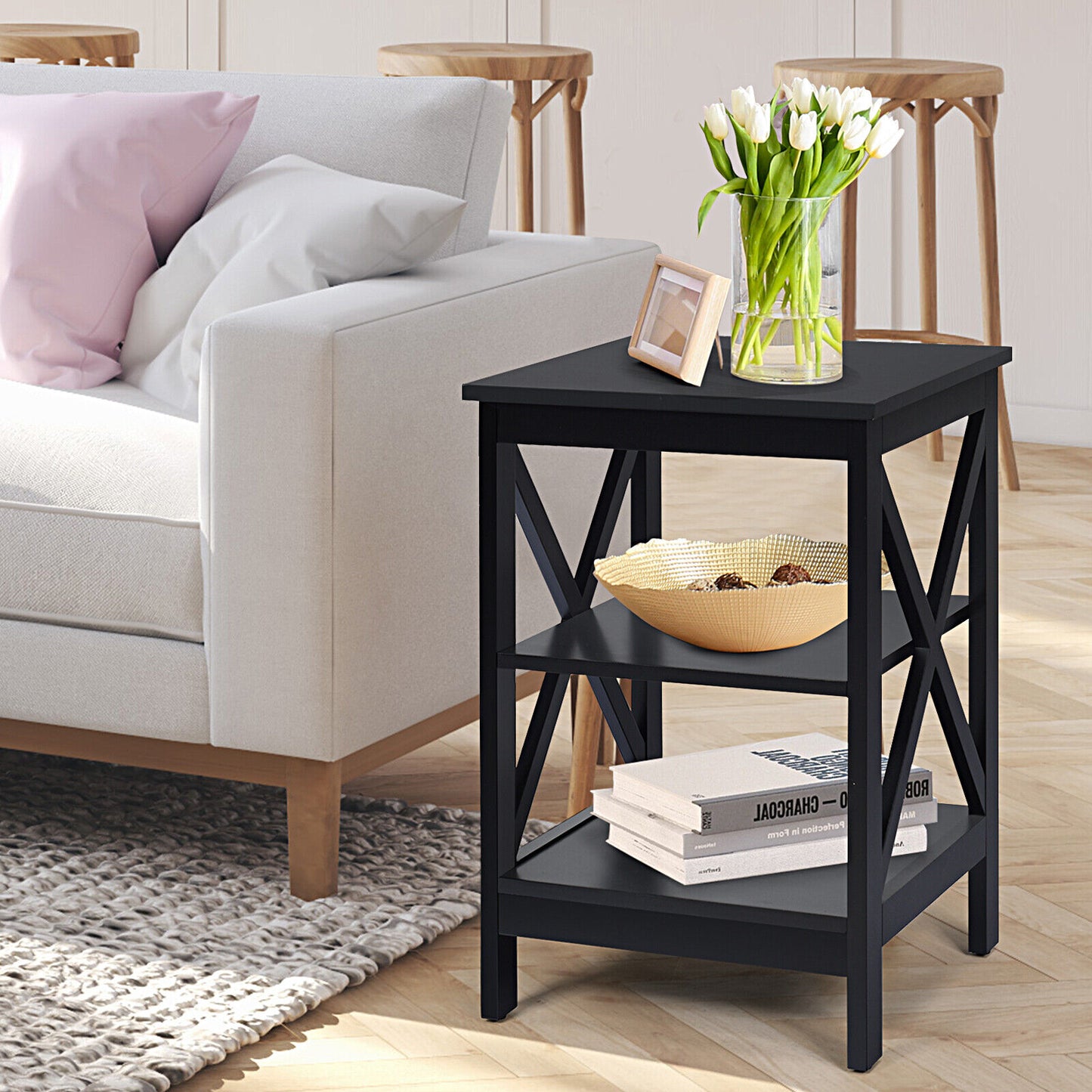 3-tiers Bedside Table X-design Nightstand End Table Wooden Bedroom Storage Table