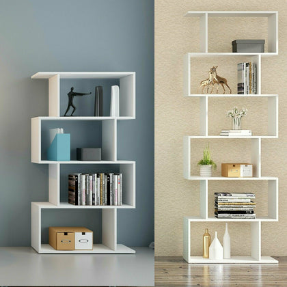 Wood Bookcase Bookshelf S Shape 6 Tier Shelves Free Standing Shelving Storage