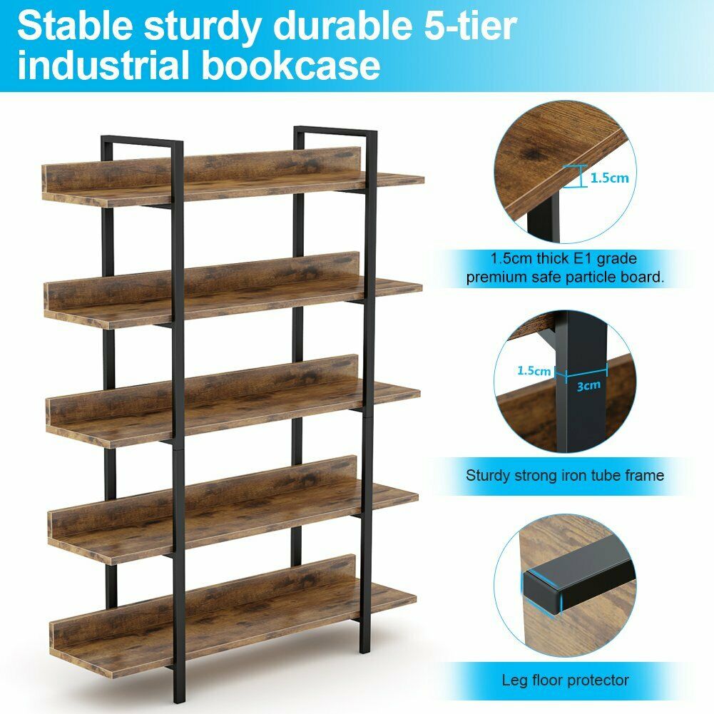 Living Room Industrial 5 Tier Bookshelf Office Etagere Bookcase with Back Fence