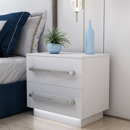 White Bedside Cabinet Table High Gloss Chest of Drawer FREE LED Light Nightstand