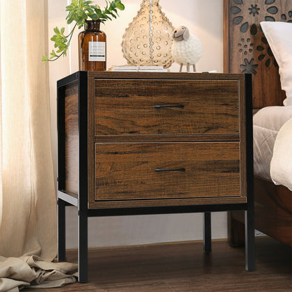 Vintage Bedside Table Cabinet 2 Drawer Rustic Wood Metal Bedroom Night Stand