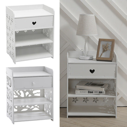 White Bedside Table Bedroom Cabinet Nightstand With 1 Drawer & 2 Shelf Furniture