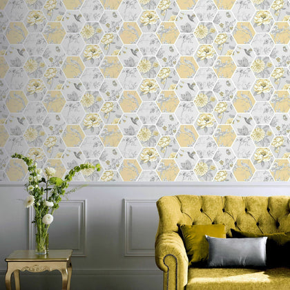 Chinoise Decoupage Geometric Birds Flowers - Yellow 908901 - Arthouse Wallpaper