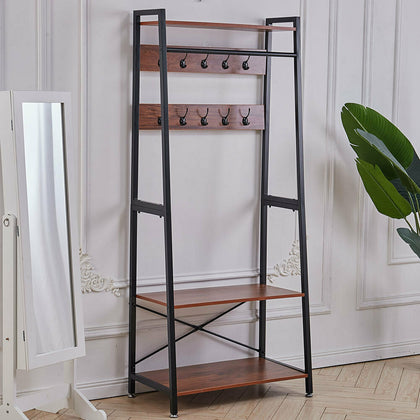 Metal 10 Hooks Hat Coat Stand Bedroom Clothes Rail Hanger Shelf Shoe Rack Wooden