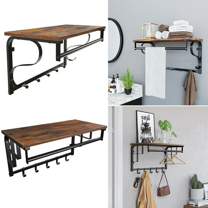 Industrial Wall Floating Shelf Rustic Wood Iron Kitchen Storage Rack With Hooks
