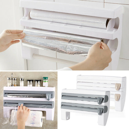 Kitchen Paper Aluminium Foil Cling Film Holder 4in1 Roll Dispenser Wall Mounted
