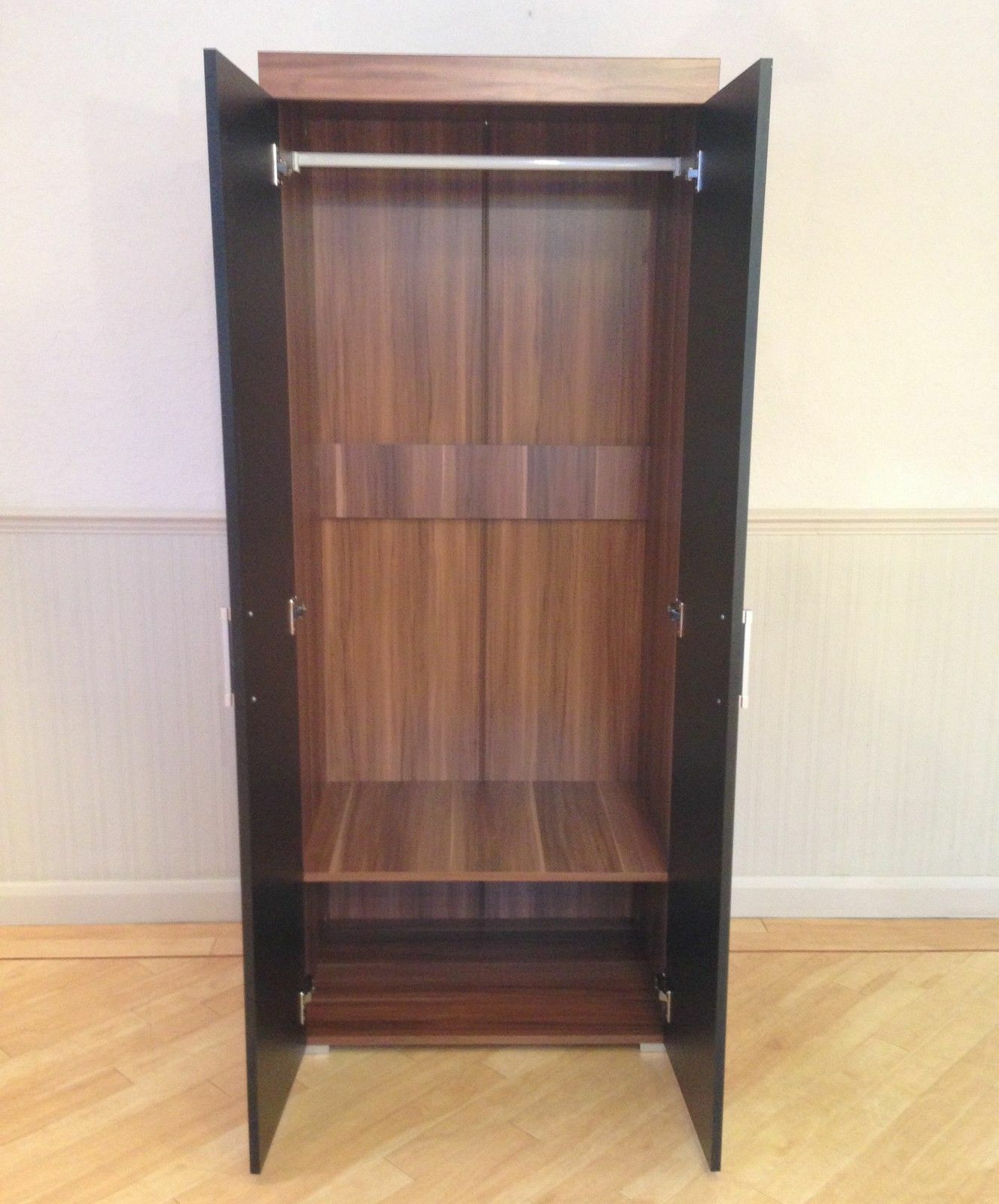 3 Piece Black & Walnut Bedroom Set! Wardrobe, 4 Drawer Chest, Bedside Table! NEW