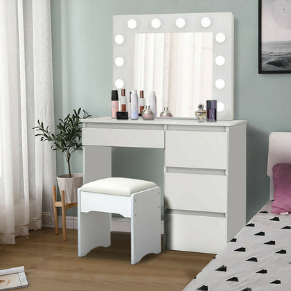 Modern Dressing Table Makeup Desk with LED Light Mirror 4 Drawers Stool Bedroom