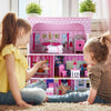 Wooden Doll House Kids Role Play Toy 3 Storey Dollhouse w/ Furniture Accessories