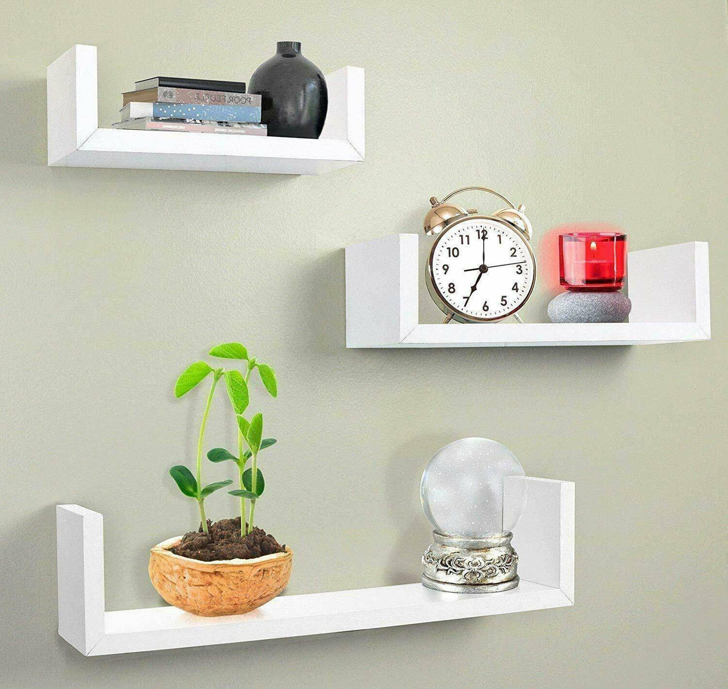 Set of 3 U Shape Floating Wall Shelves Storage Display Shelf Wooden Home Décor