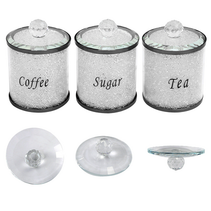 Crushed Diamond White Crystal Filled Tea Coffee Sugar Canisters Jars Storage UK