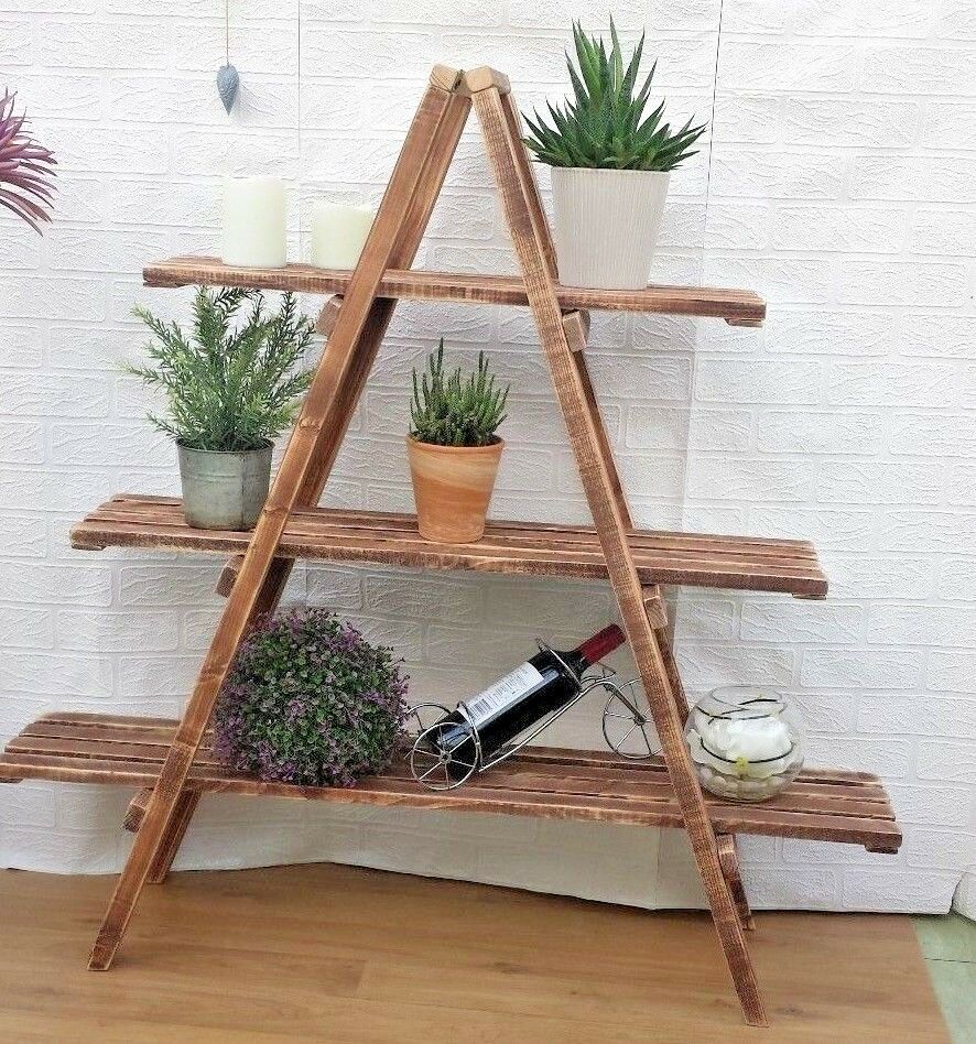 Rustic 3 Tier Wooden Ladder Shelf Shelves Bookcase Plant Flower Shelving