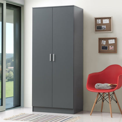 2 Door Double Wardrobe In Dark Grey - Bedroom Furniture Storage Cupboard