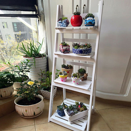 White Wooden Ladder Shelf 4 Tiers Plant Stand Folding Display Bookshelf Rack UK