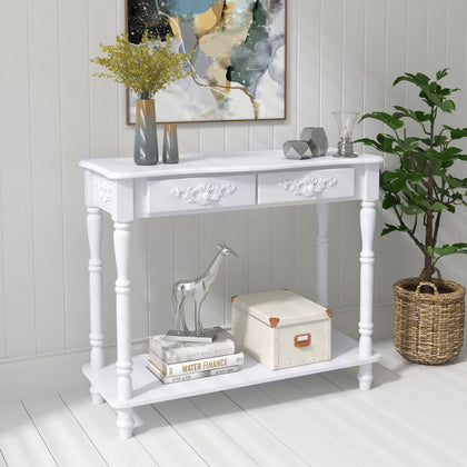 HOMCOM Console Table 2 Drawer Hall Table Wood Storage Shelf White