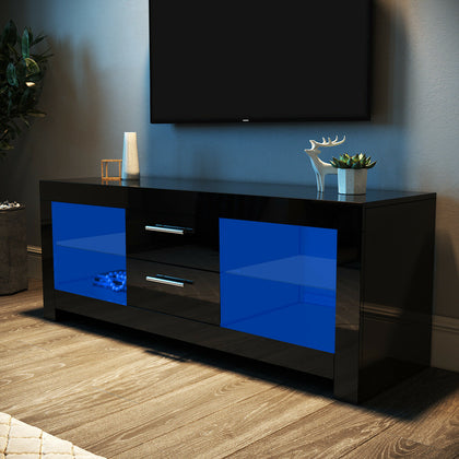 TV Unit Cabinet Black High Gloss Entertainment With LED Light & Drawers 130cm