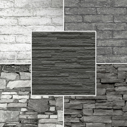 Realistic 3D Vintage Brick Effect Rustic Stone Grey Textured Vinyl Wallpaper