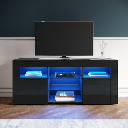 Modern TV Unit Cabinet Black with LED Lights High Gloss Entertainment Stand