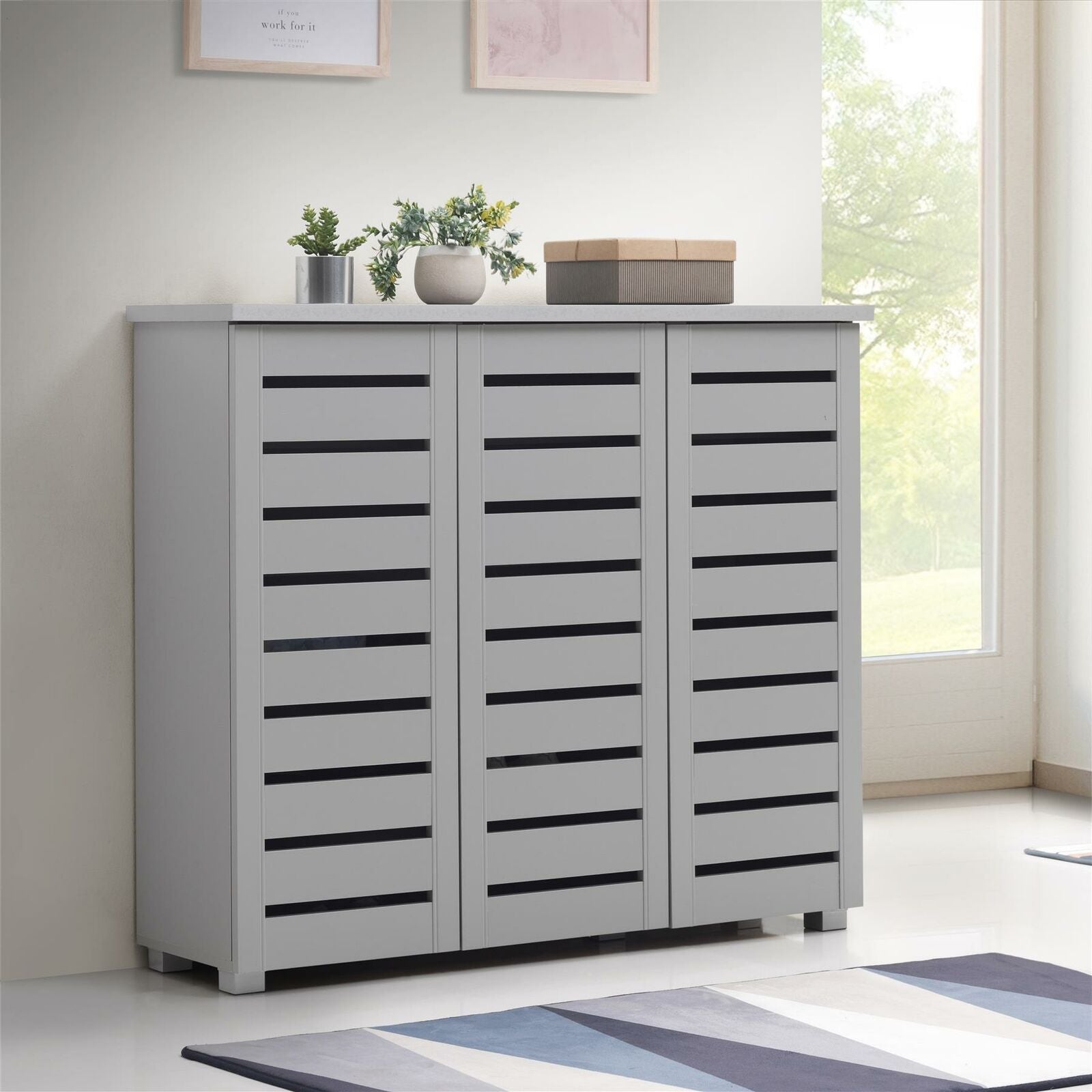 Tall grey store shoe cabinet