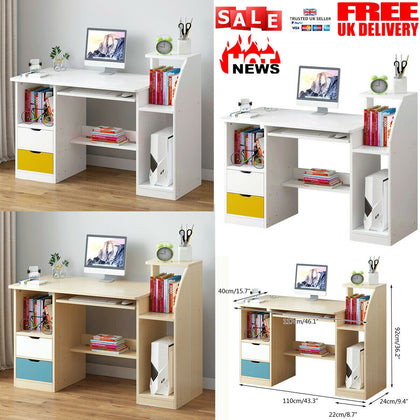 Computer Desk Study & 2 Drawers Laptop PC Table Home Office Shelves Workstation