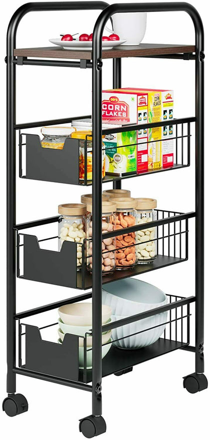 4 Tier Slim Kitchen Rolling Trolley Cart Storage Rack Tray Shelf With Handle