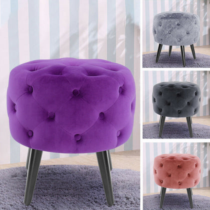 Round Footstool Ottoman Pouffe Velvet Stool Chesterfield Button Seat Bench Chair