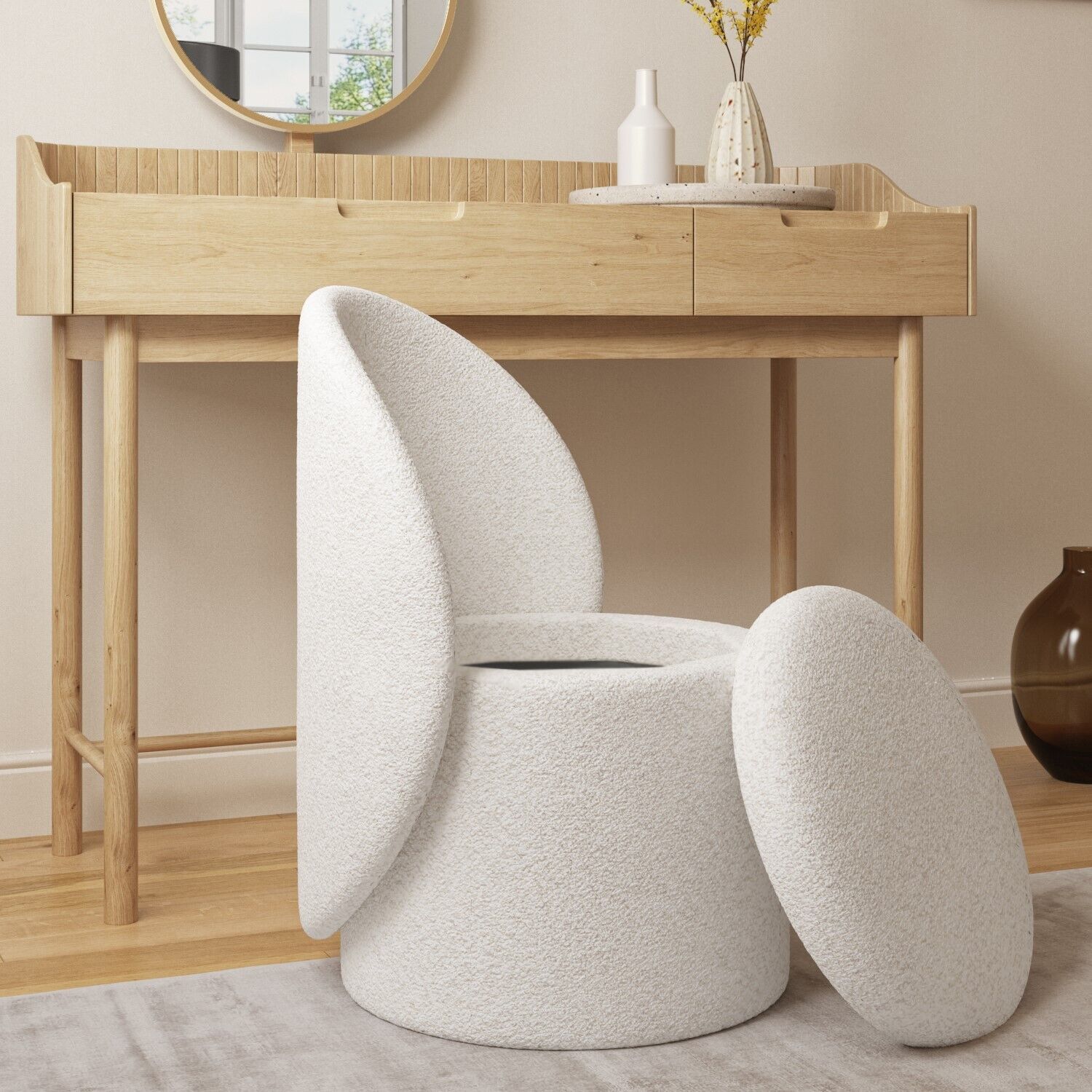 Off-White Boucle Dressing Table Chair with Ottoman Storage Leah