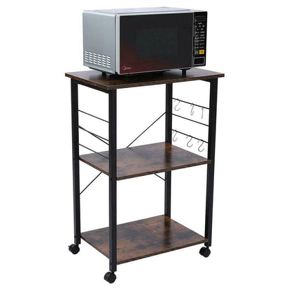 3 Tier Kitchen Trolley Microwave Cart Stand Shelves Storage Hooks Wooden Rack