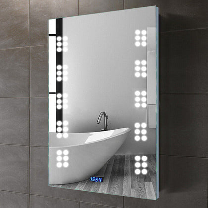 60 LED Light Illuminated Bathroom Mirror Touch Sensor Clock Socket Demister Pad