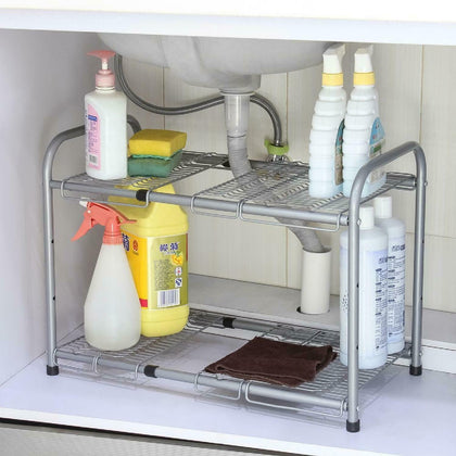 Extendable Multi Purpose 2 Tier Kitchen Under Sink Organiser Storage Rack Shelf