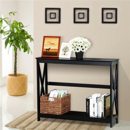 2 Tier X-Design Console Table Hallway Side Table Bookshelf Entryway Table Black