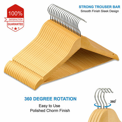 20 x WOODEN COAT HANGERS SUIT GARMENTS CLOTHES WOOD HANGER TROUSER BAR SET