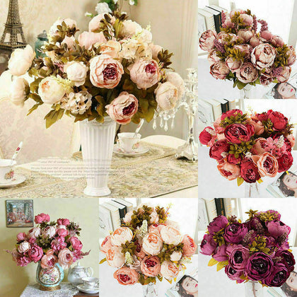 13 Heads Vintage Artificial Fake Peony Silk Flowers Bouquet Party Home Decor UK
