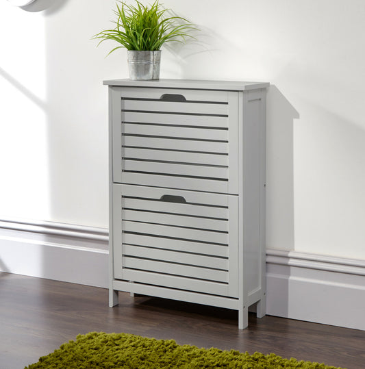 Shoe Storage Cabinet 2 Tier Grey Slatted Cupboard Doors Scandanavian Style