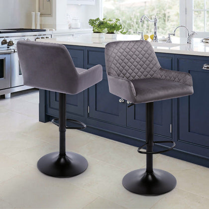 2x Adjustable Breakfast Bar Stools Velvet Swivel Gas Lift Chair Kitchen Pub Grey