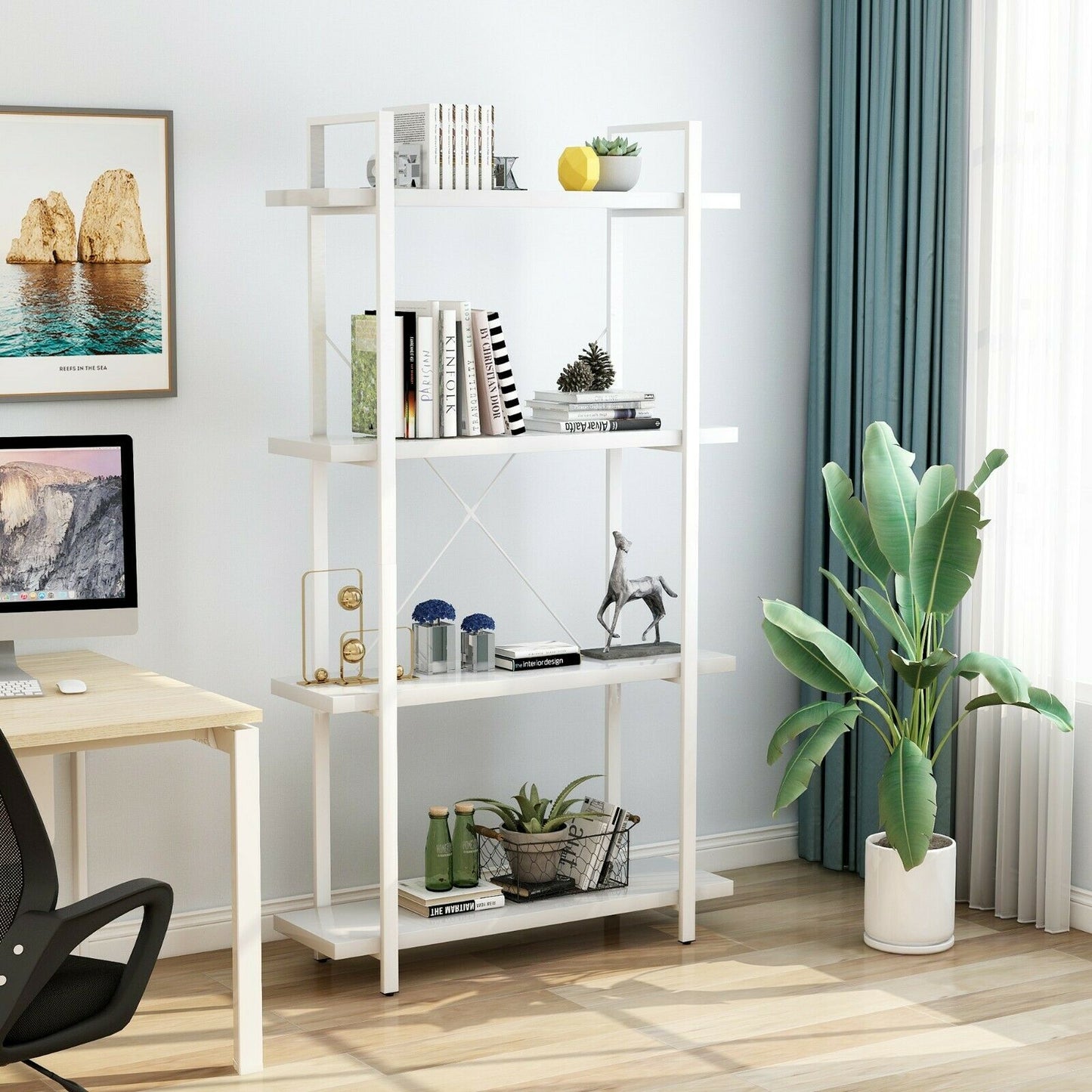 Bookshelf 4-Tier Industrial Storage Shelves Metal Ladder Living Room Display