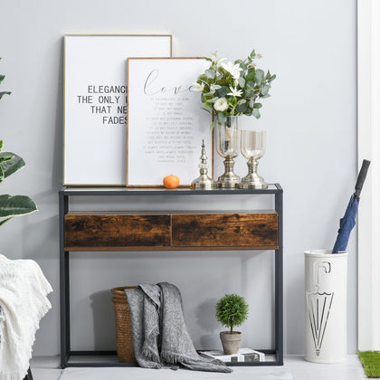 HOMCOM Entryway Console Table Desk with Drawers, Glass Shelf, 3D Wood Grain