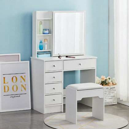 White Dressing Table Stool Vanity Set Makeup Desk 5 Drawers with Sliding mirror