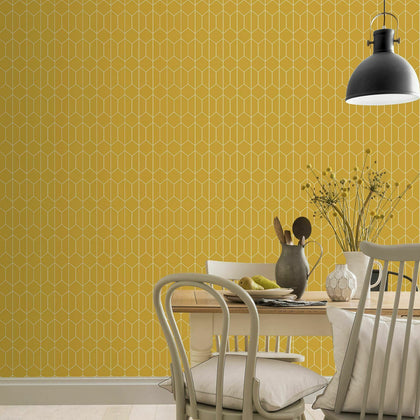 Linear Hexagons Geometric Honeycomb Shapes Arthouse Wallpaper - Ochre 909701