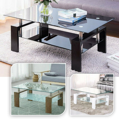 Rectangle Glass Coffee Table Modern Living Room Furniture Top Lower Shelf Chrome