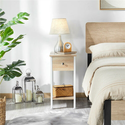 Narrow Side Table 2-Tier End Table w/ Drawer Open Shelf Wood Nightstand Storage