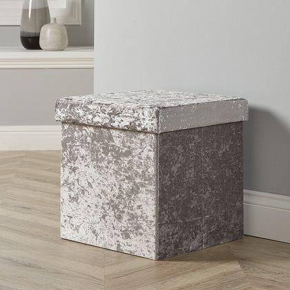 Folding Ottoman Silver Ice Velvet Fabric Chest Sturdy Storage Space Saving Box