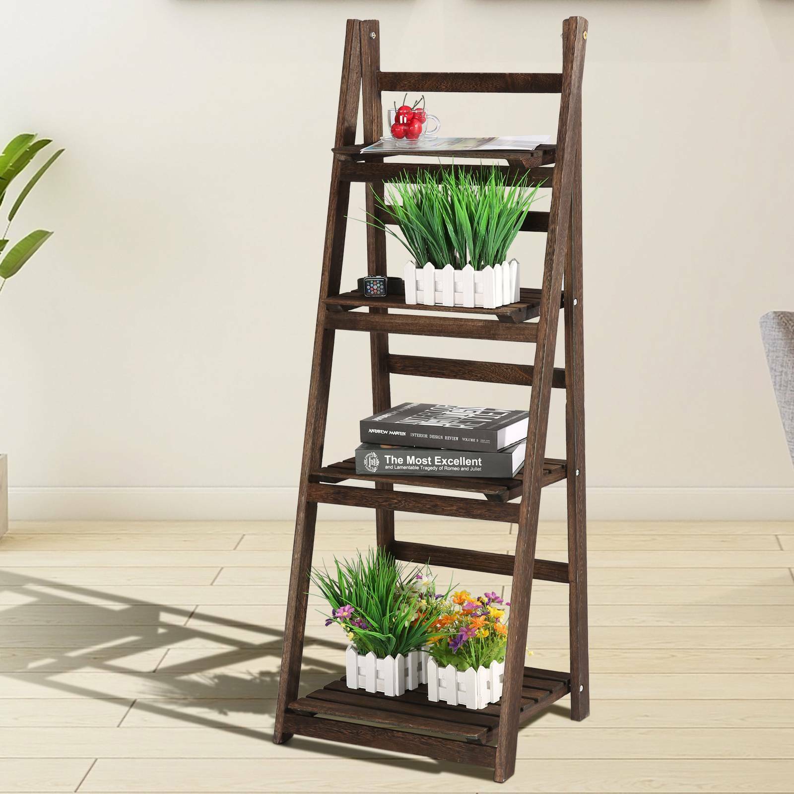 4 Tier Ladder Book Shelf Bookcase Garden Flower Plant Pot Display Rack Wooden
